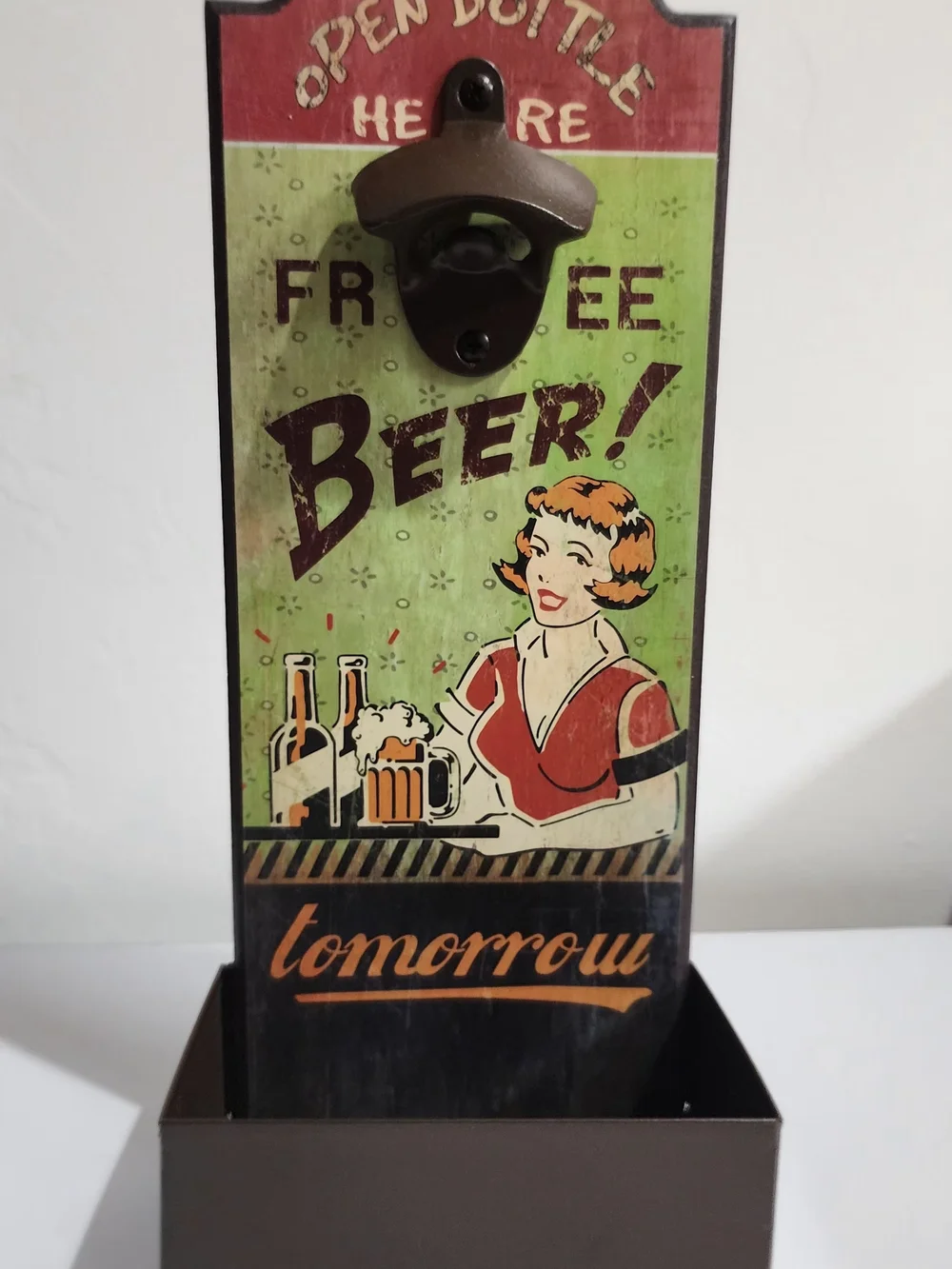 Vintage bar sign Wall Mount Bottle Opener Cap Catcher Free Beer Bar Decor